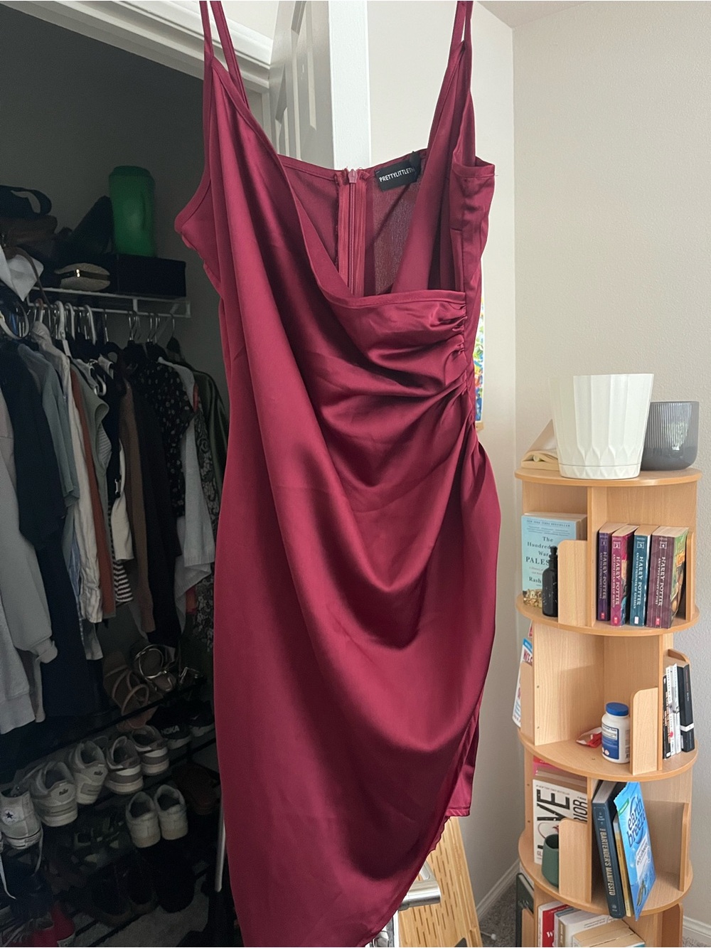 PrettyLittleThing Wine Satin Cowl Mini Dress